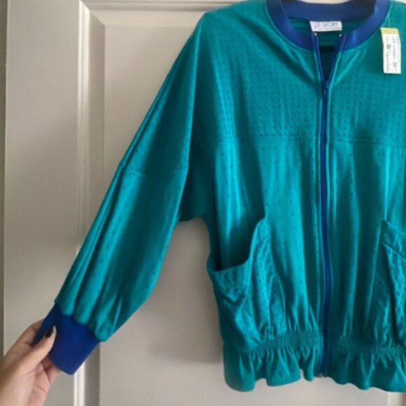 80s Turquoise Blue Polka Dot Peplum Sport Zip Sweater - Picture 1 of 4